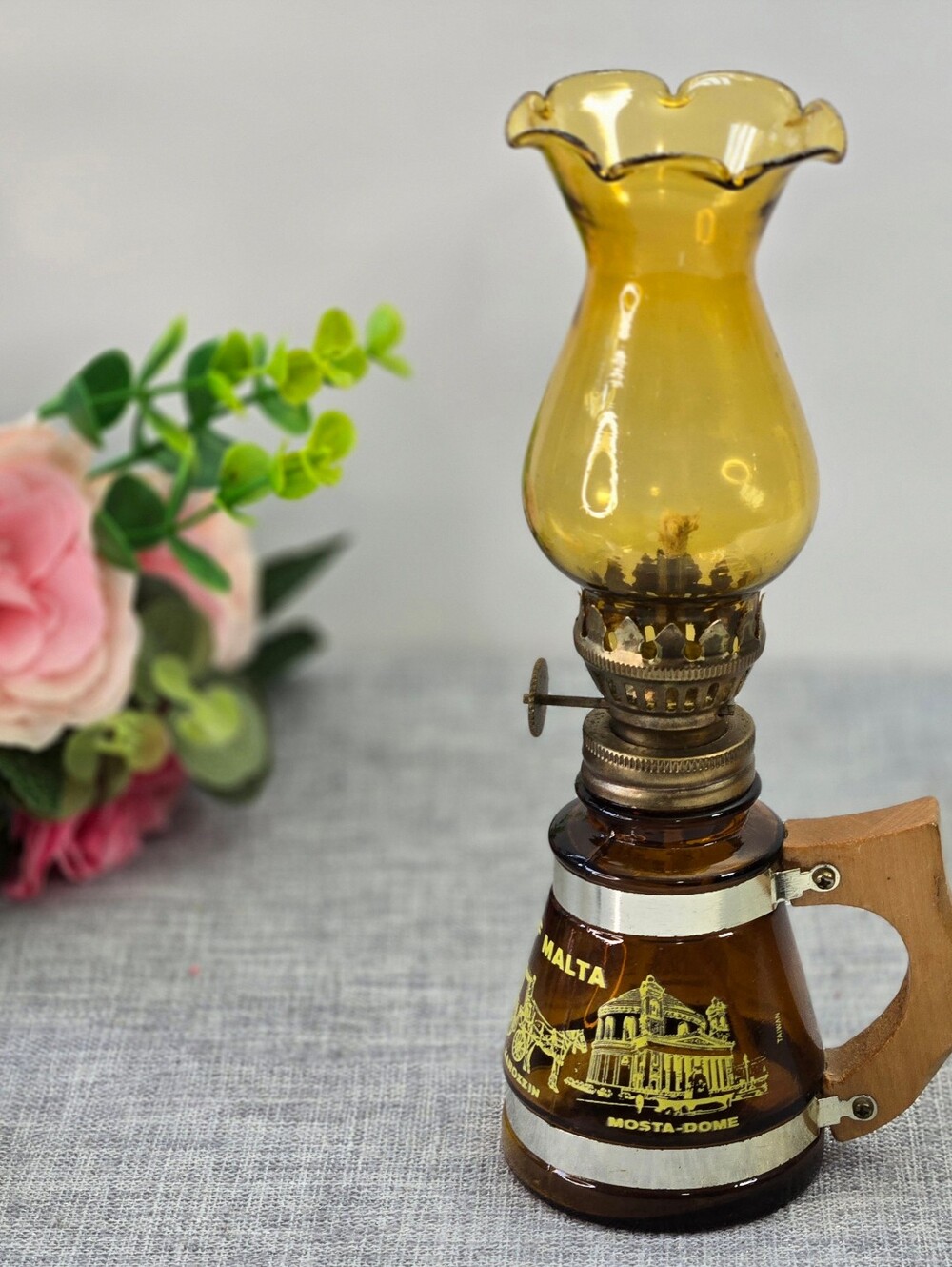 Vintage Amber Glass Beer‎ Stein Mug Shaped Mini Oil Lamp "Souvenir Of Malta"